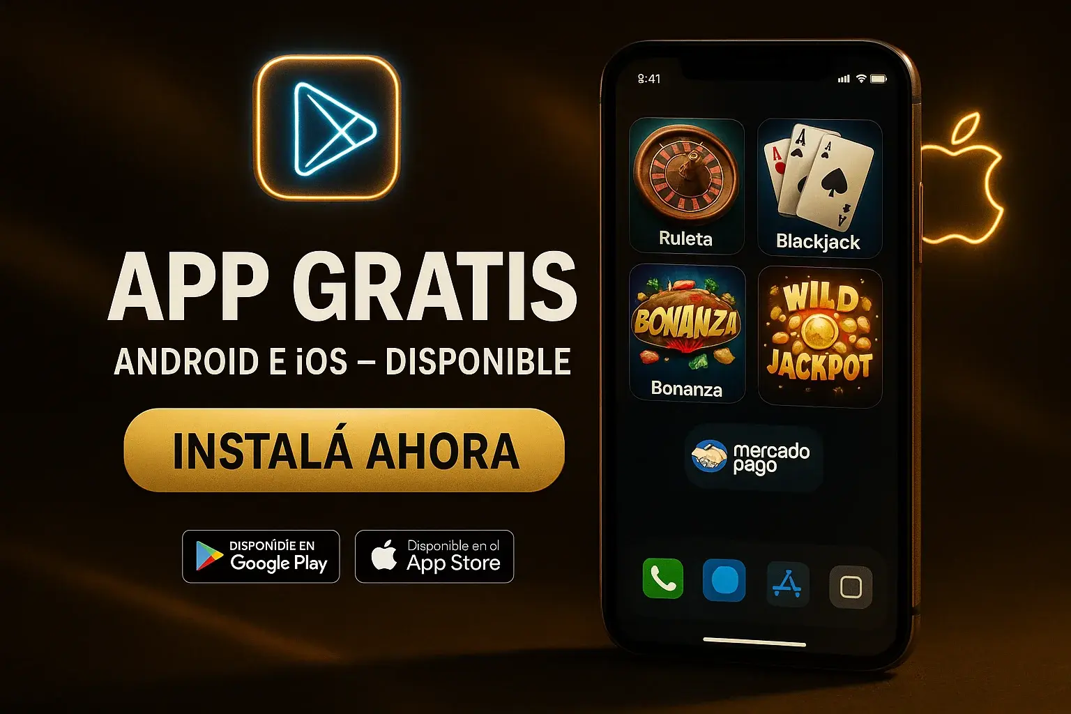 Banner app gratis, fondo oscuro, botón Instalá Ahora, Android e iOS