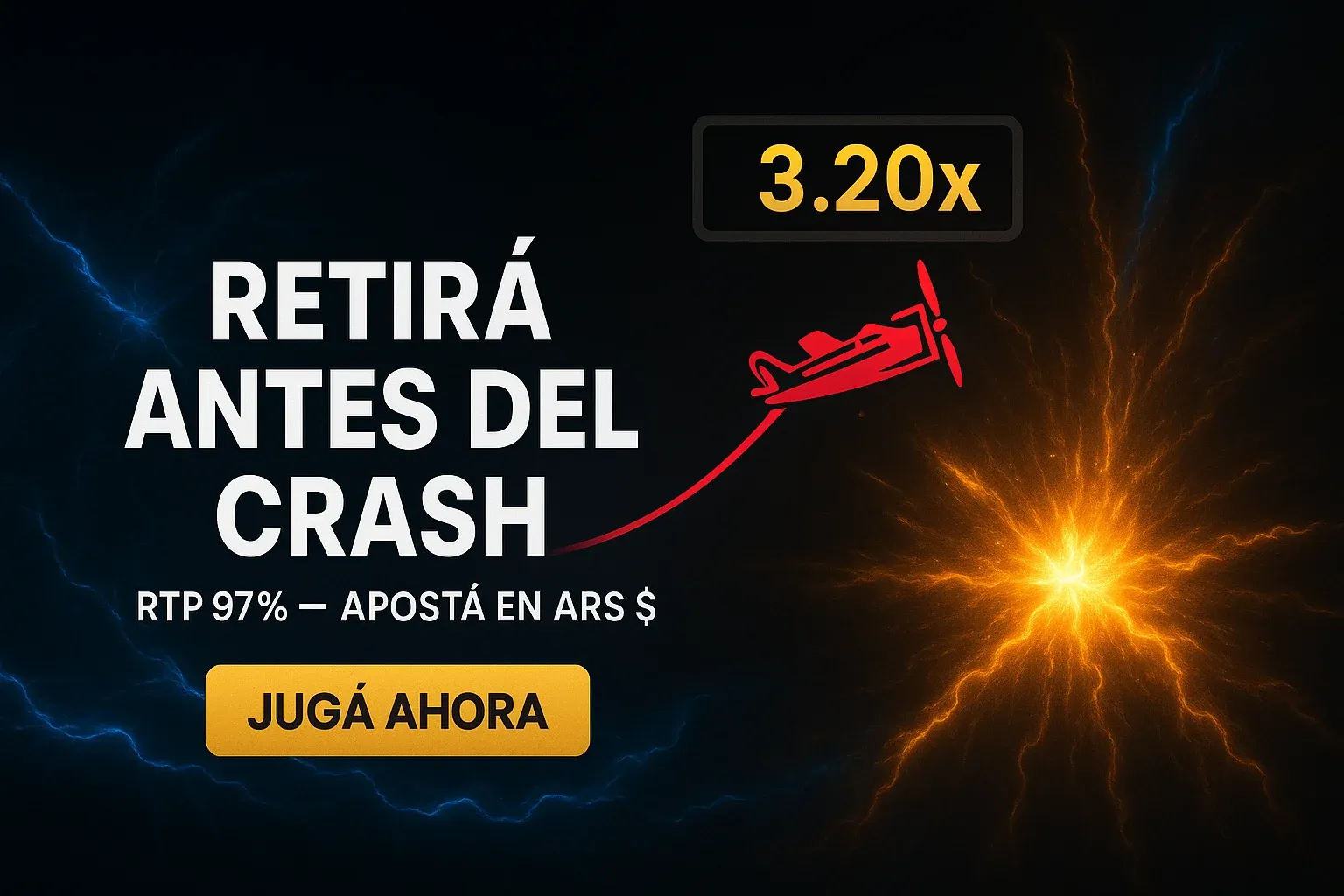 Banner casino Aviator con fondo oscuro, efectos azul y dorado, x3.20, CTA Jugá Ahora