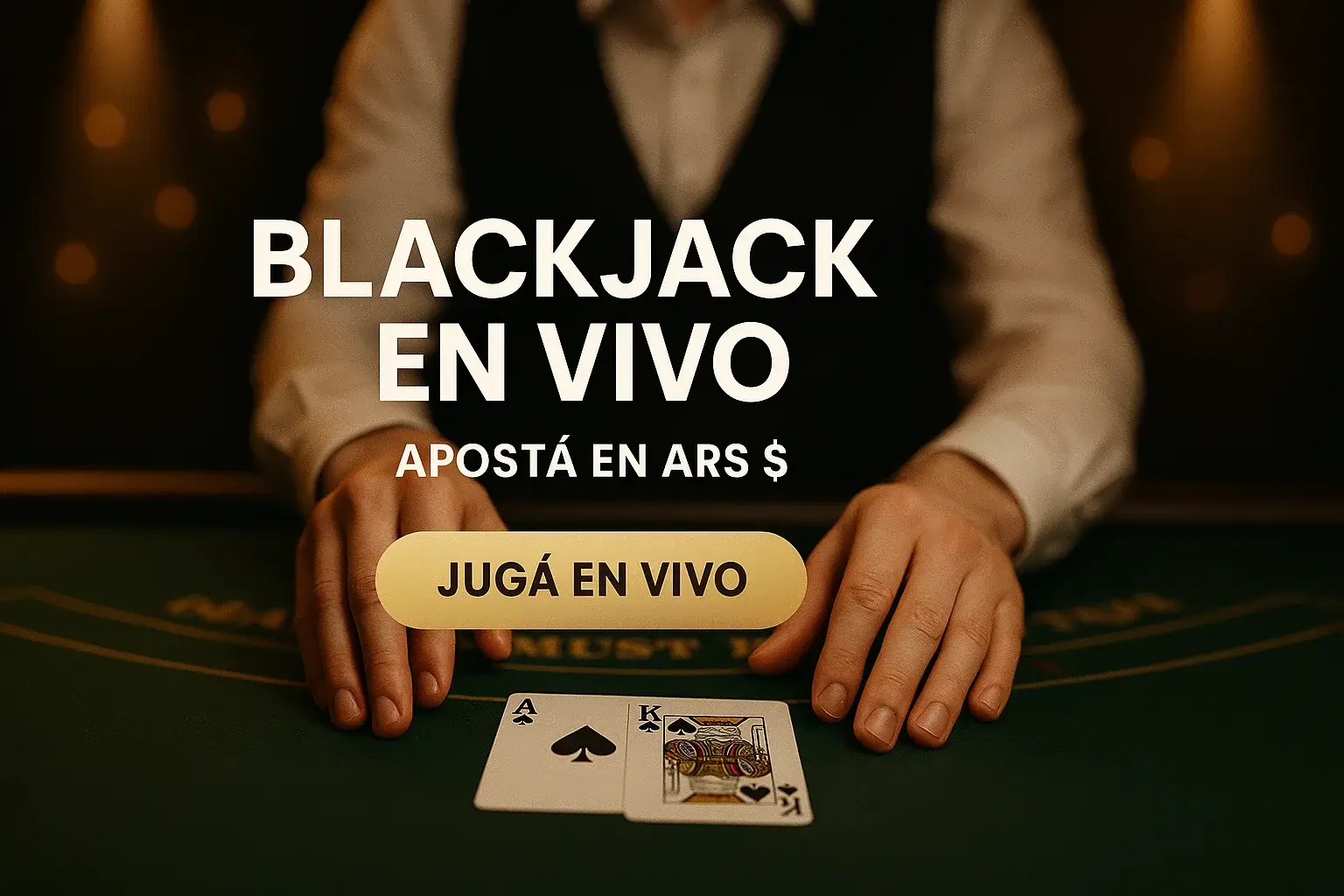 Banner de blackjack en vivo con luces doradas y botón Jugá en vivo