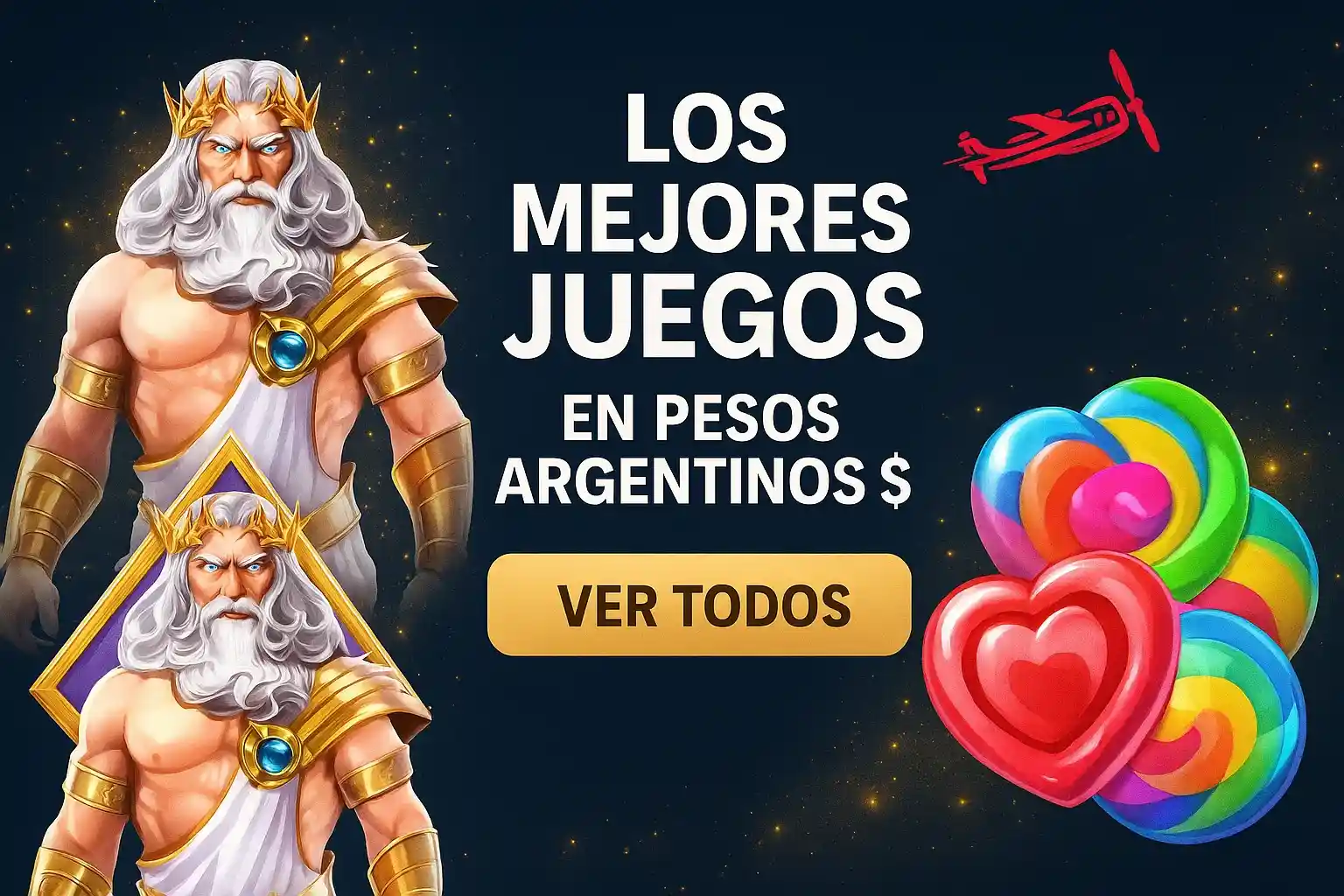 Banner casino con fondo azul marino, texto en pesos argentinos y botón Ver Todos