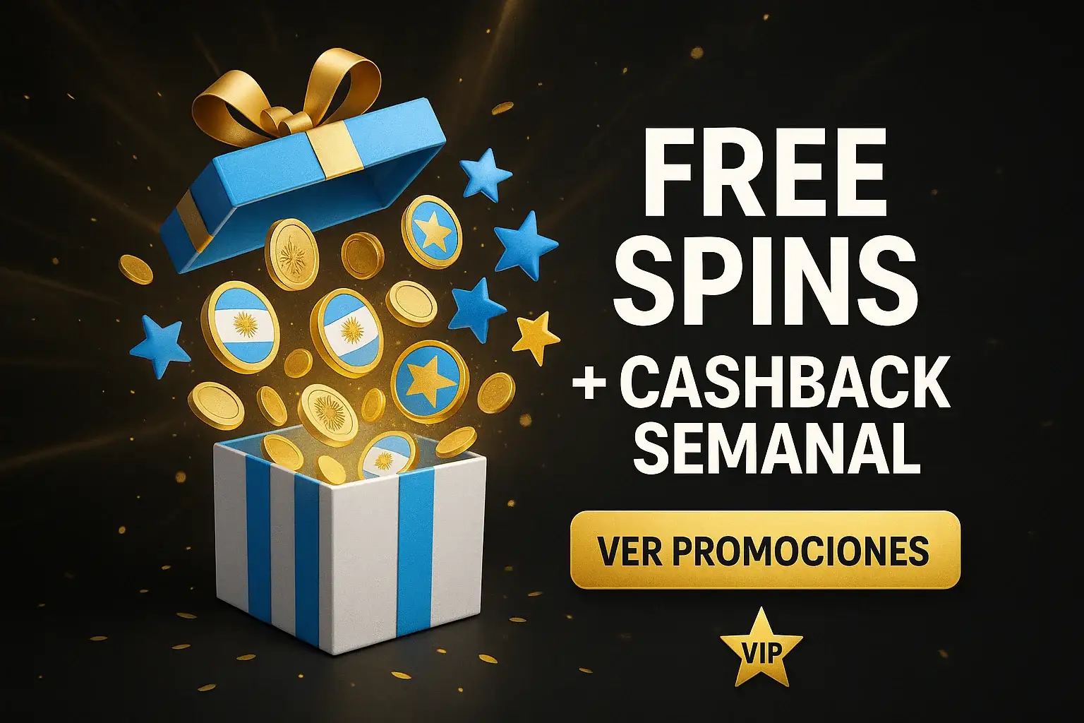 Banner de promociones casino con regalo, monedas y botón Ver Promociones