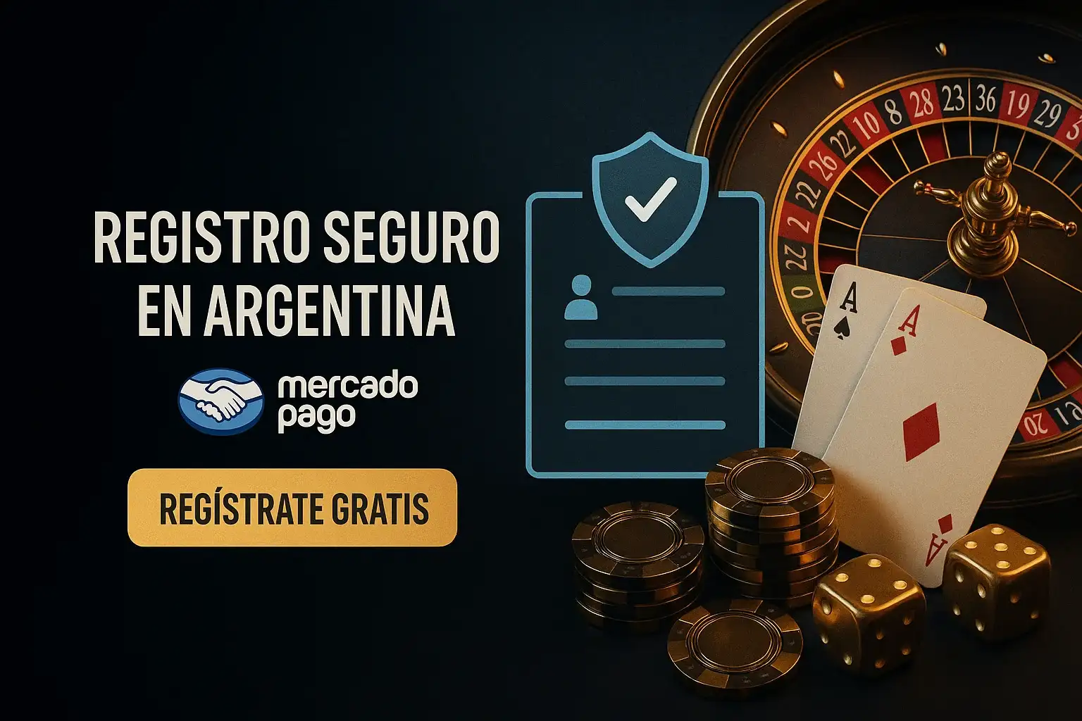 Banner de casino con registro seguro, botón dorado y escudo centrado
