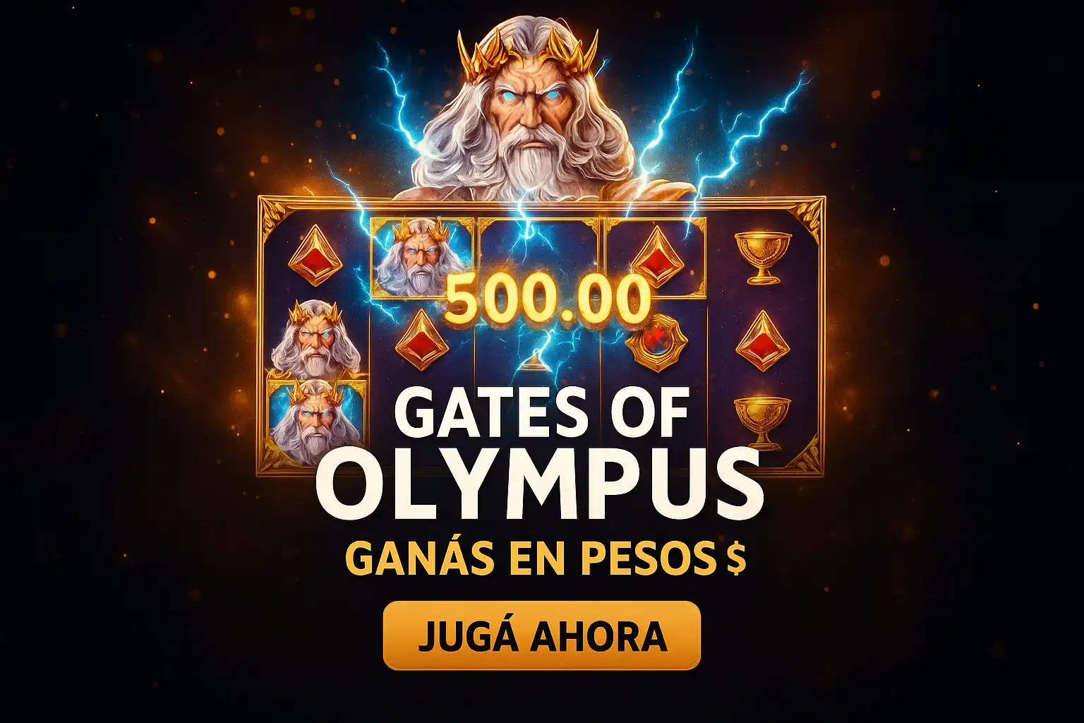 Banner de tragamonedas estilo Zeus con neón, texto Ganás en pesos y botón Jugá ahora